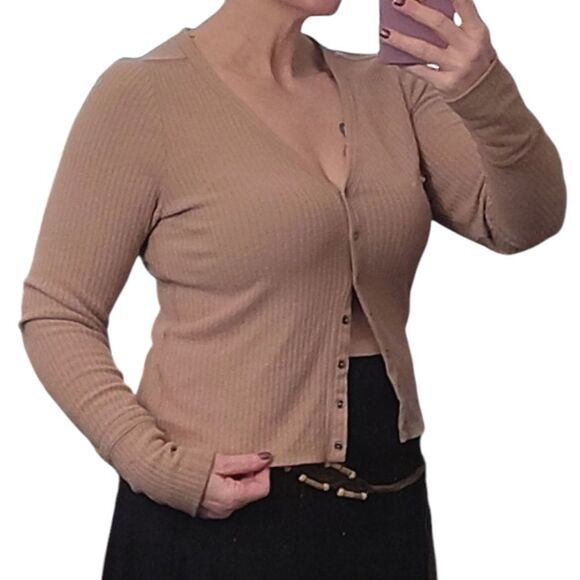 Abercrombie & Fitch Tan Ribbed Button Down Front Fitted Viscose Cardigan Large - Picture 9 of 15